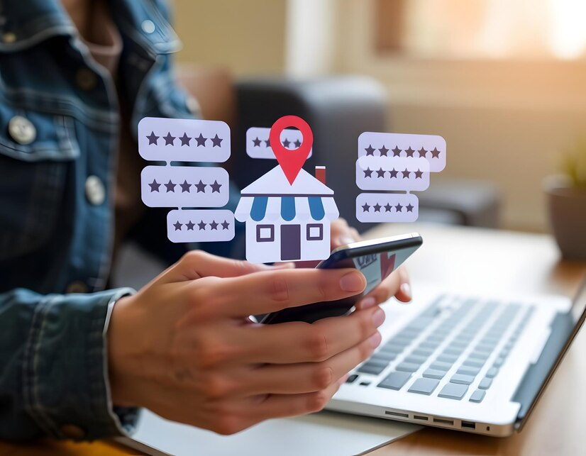 Individual on laptop holding phone with home buying graphic overlay